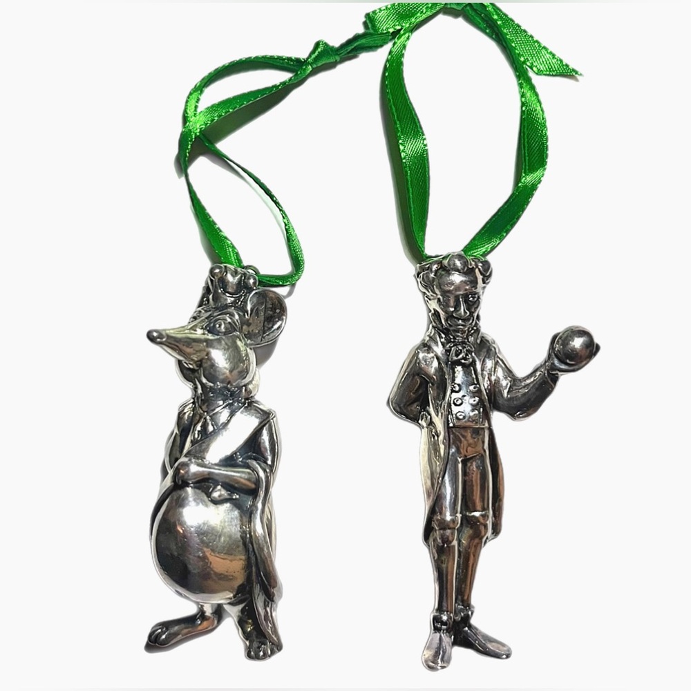 2pc Vintage 1992 Oneida Christmas Ornaments Silver Plated Mouse and Drosselmeyer
